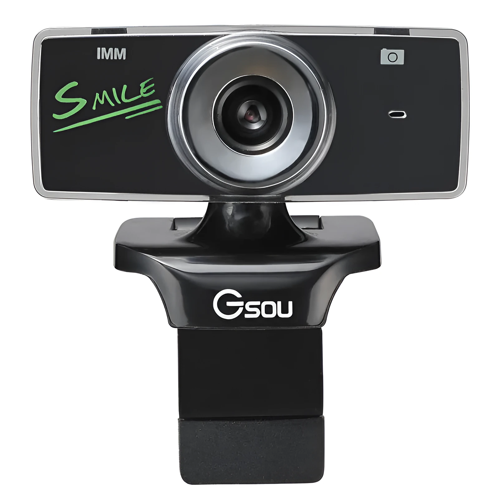 Black USB high definition webcam for desktop and laptop computers on a white background.