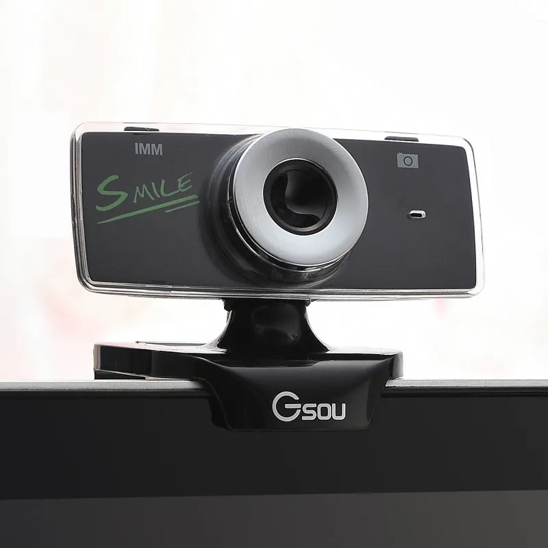 Black USB high definition webcam for desktop and laptop computers on a white background.