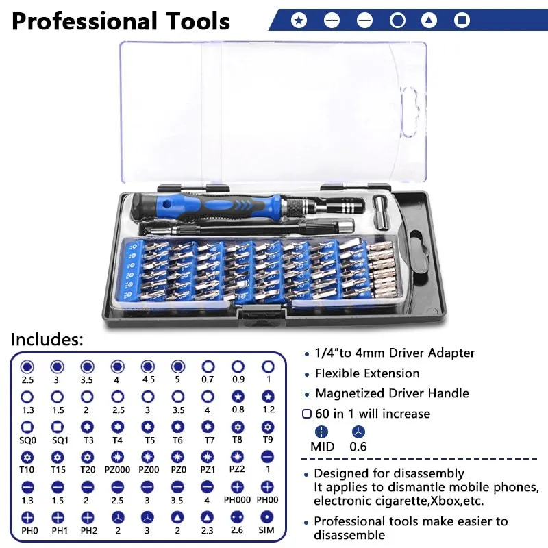 60-in-1 electronics repair toolkit with soldering iron, screwdriver bits, pry bars, and anti-static bracelet in backpack