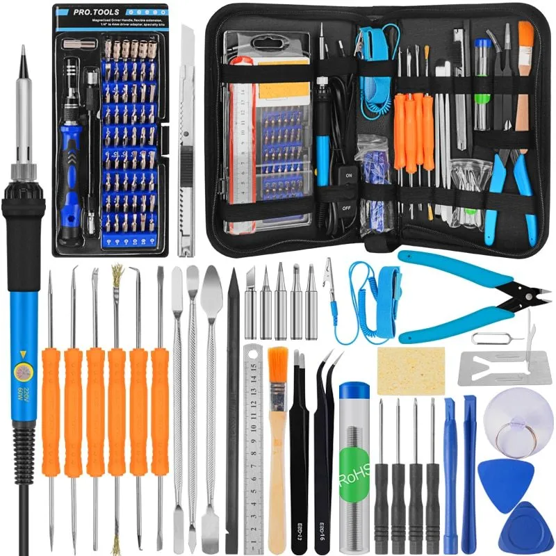 60-in-1 electronics repair toolkit with soldering iron, screwdriver bits, pry bars, and anti-static bracelet in backpack