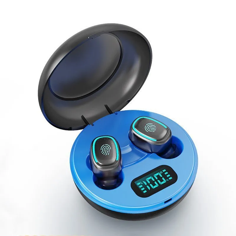 Mini wireless in-ear headphones in black, white, red, and blue colours showing single and double ear wearing options