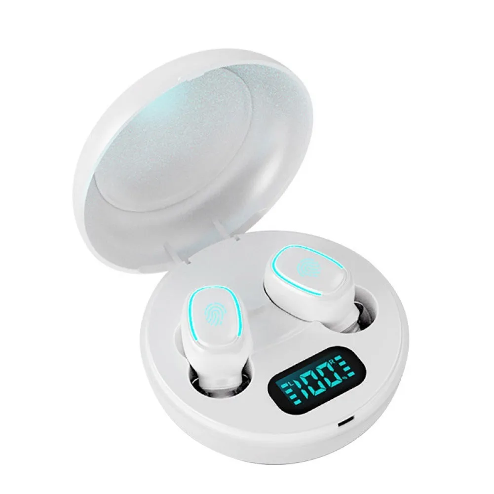 Mini wireless in-ear headphones in black, white, red, and blue colours showing single and double ear wearing options