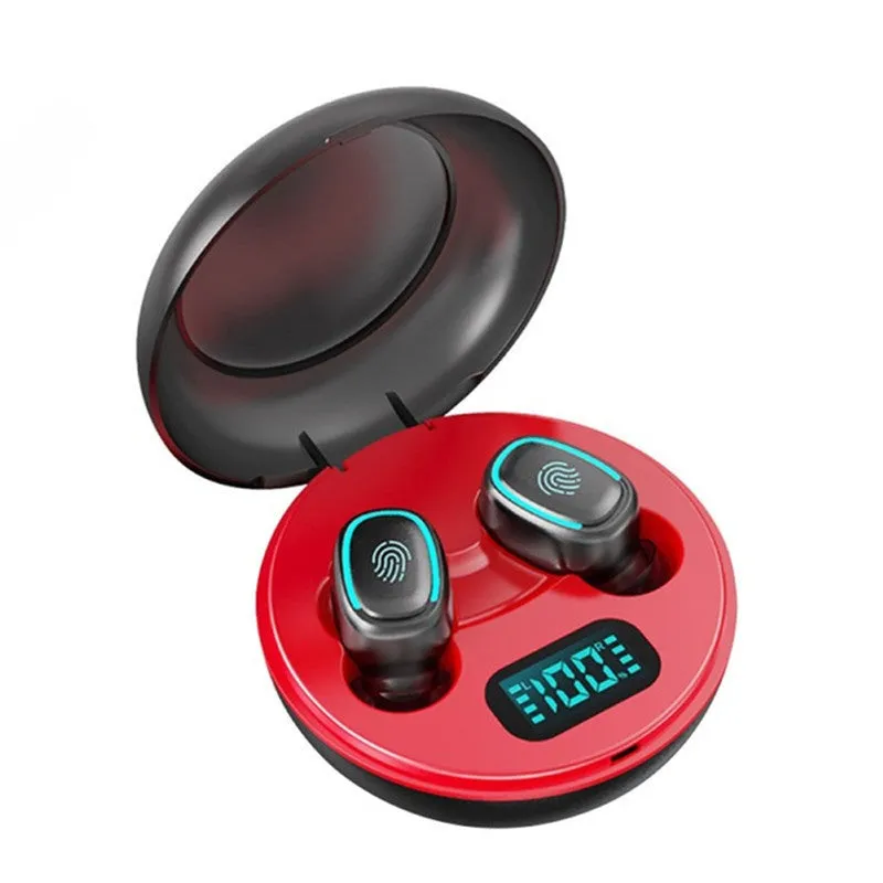 Mini wireless in-ear headphones in black, white, red, and blue colours showing single and double ear wearing options