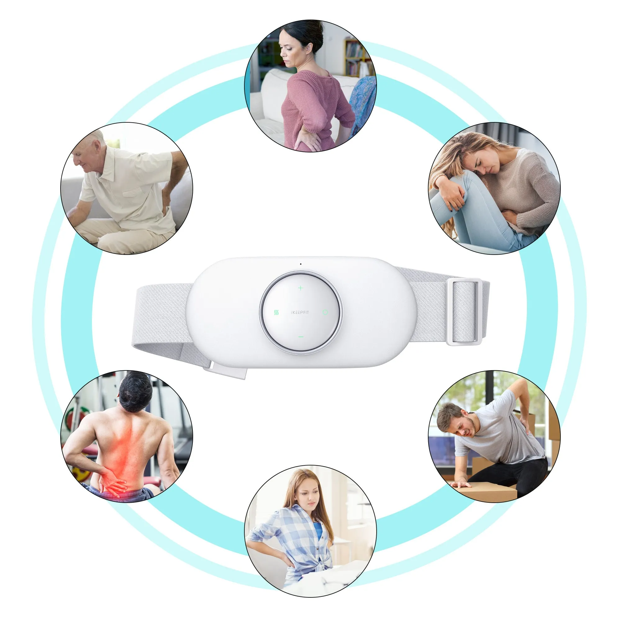 Wireless remote control waist massager in white colour with four large massage heads and USB cable.