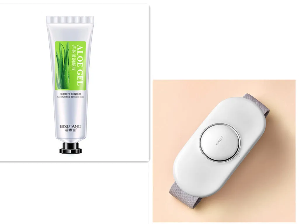 Wireless remote control waist massager in white colour with four large massage heads and USB cable.