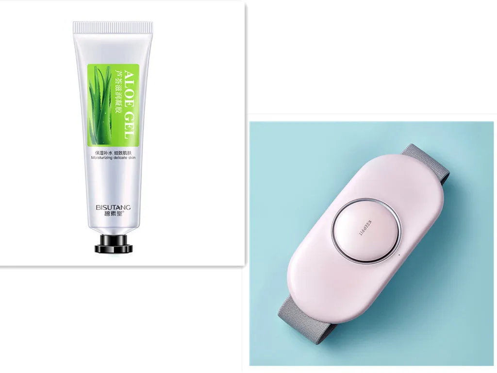 Wireless remote control waist massager in white colour with four large massage heads and USB cable.