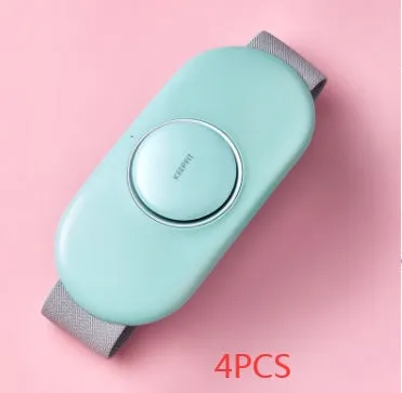 Wireless remote control waist massager in white colour with four large massage heads and USB cable.