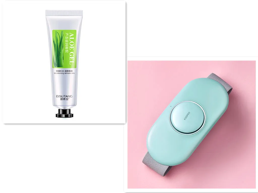 Wireless remote control waist massager in white colour with four large massage heads and USB cable.