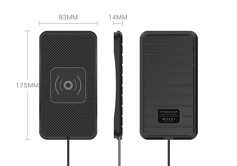 Black universal wireless car charger mount on a car air vent, charging a smartphone.