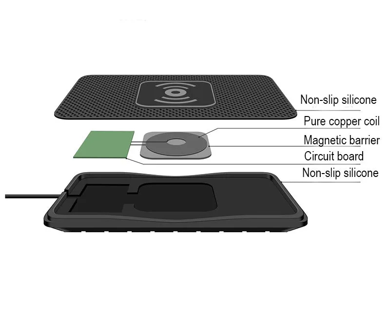 Black universal wireless car charger mount on a car air vent, charging a smartphone.