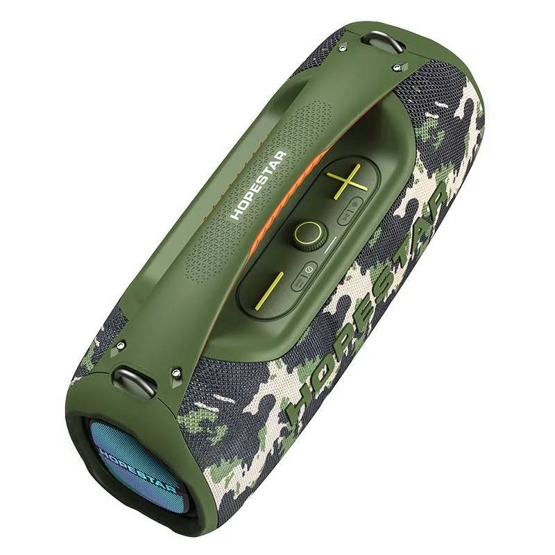 Super Bass Bluetooth speaker in black colour with microphone, showing waterproof outdoor portable design.