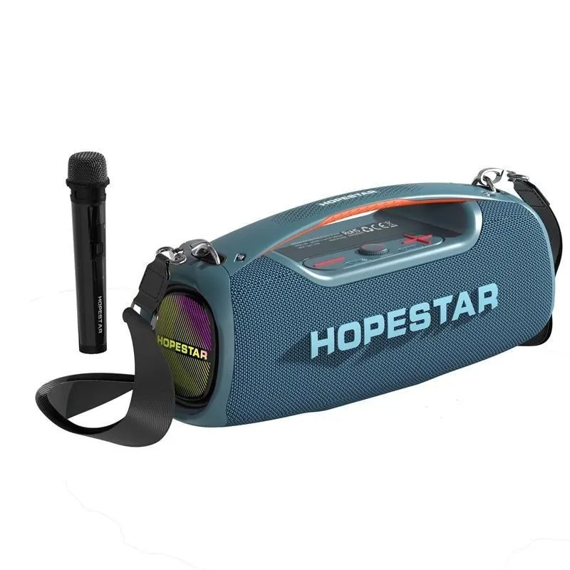Super Bass Bluetooth speaker in black colour with microphone, showing waterproof outdoor portable design.