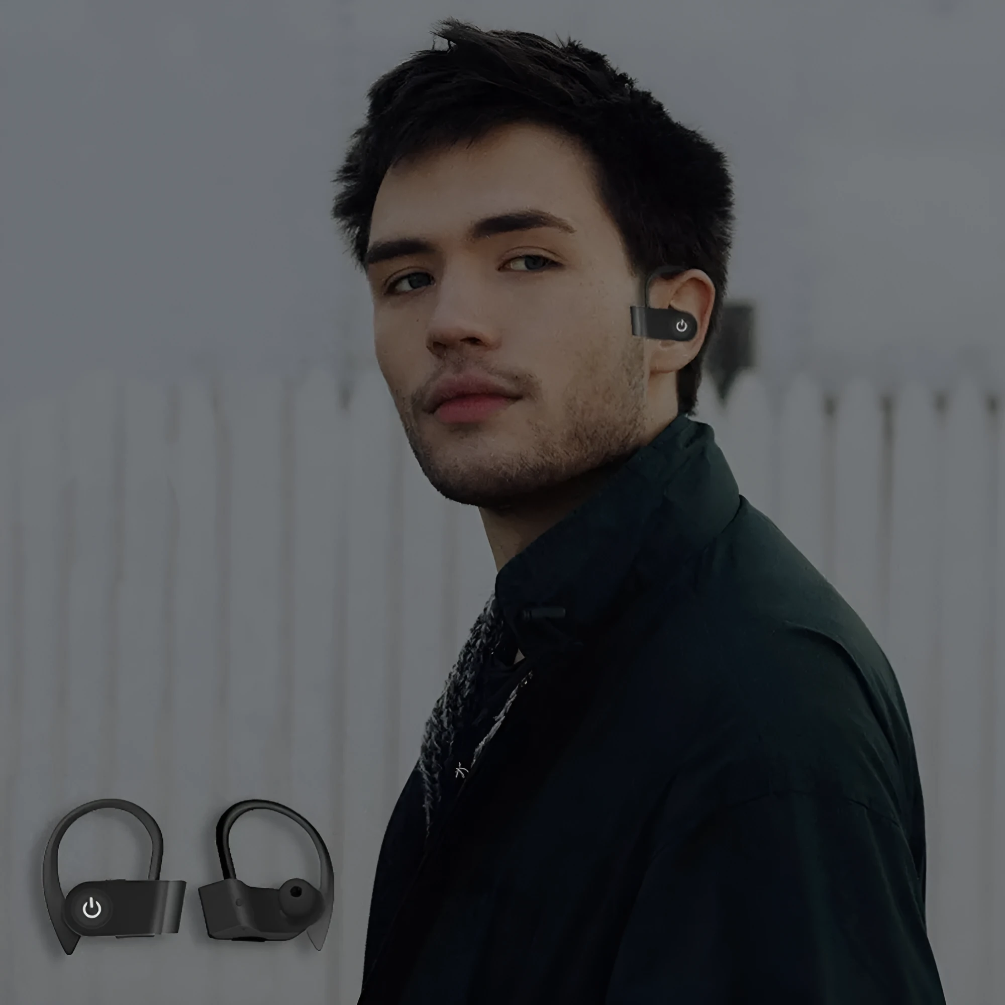Black wireless Bluetooth earbuds with an ergonomic in-ear design and LED status indicator.