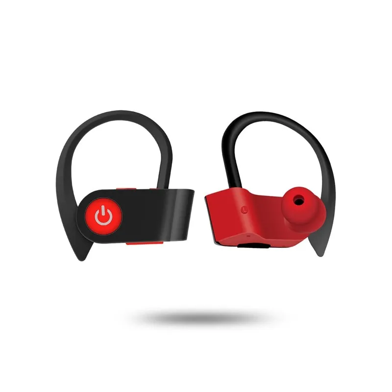 Black wireless Bluetooth earbuds with an ergonomic in-ear design and LED status indicator.