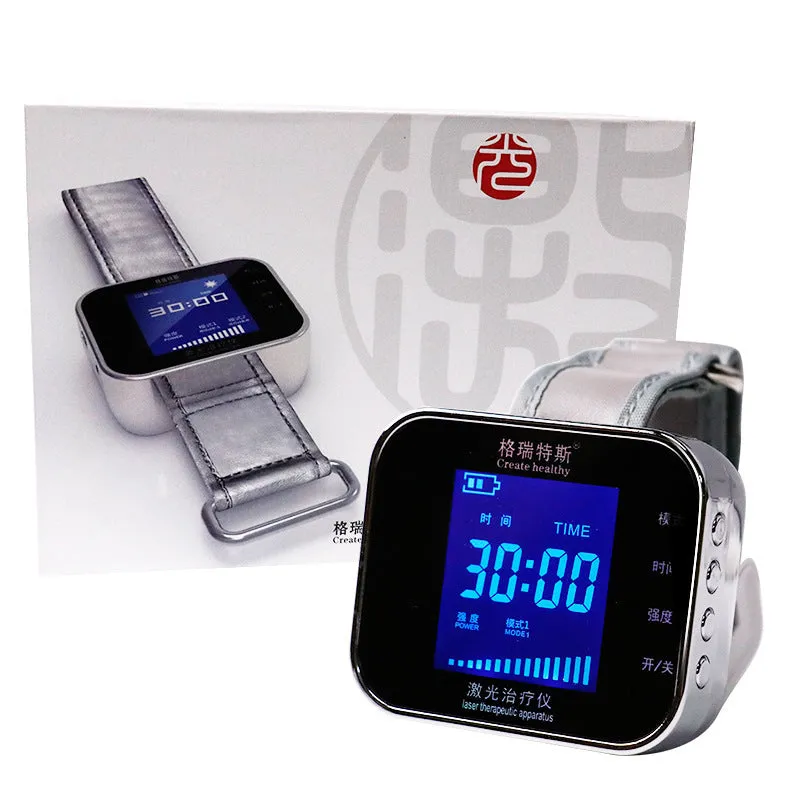 Wrist-mounted light wave meter therapy device with laser emitter for hand treatment.