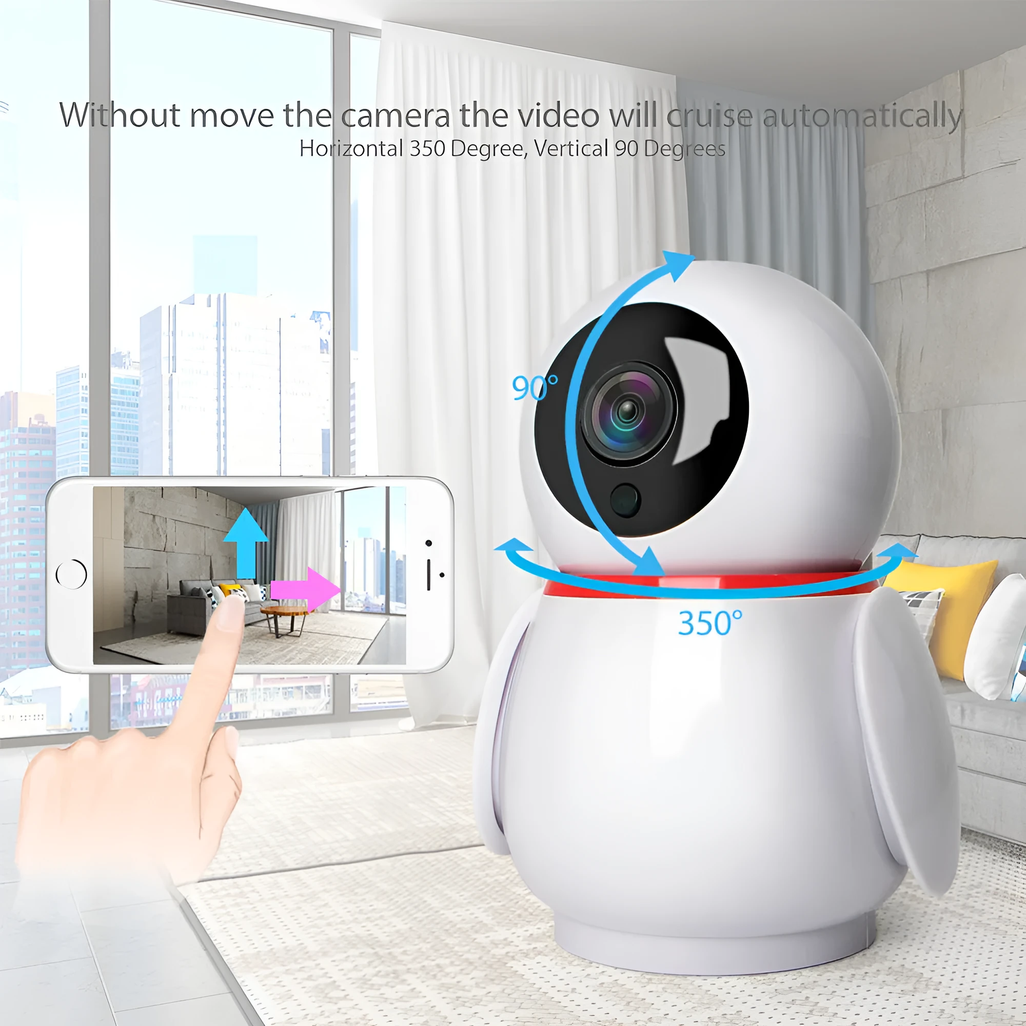 White wireless 360 panoramic indoor camera with pan tilt mechanism and night vision