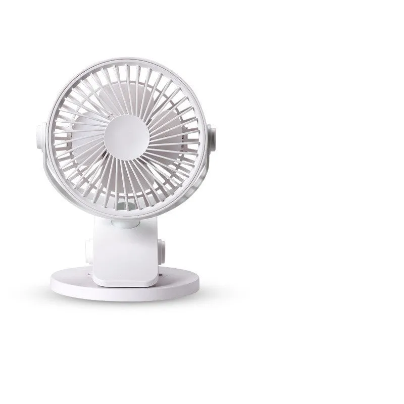 USB mini clip fan in green with clip base on wooden desk showing 135mm blade
