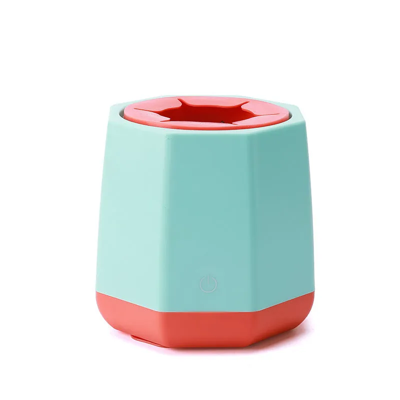 White baby electric milk shaker with silicone slot holding a baby bottle on a table, 110x110x110mm size