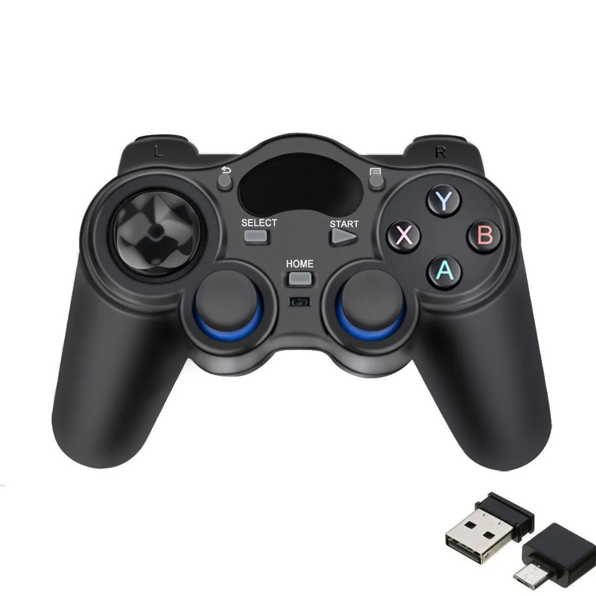 Black wireless 2.4GHz gamepad controller with dual analog joysticks and cross keys for Android PC TV tablet