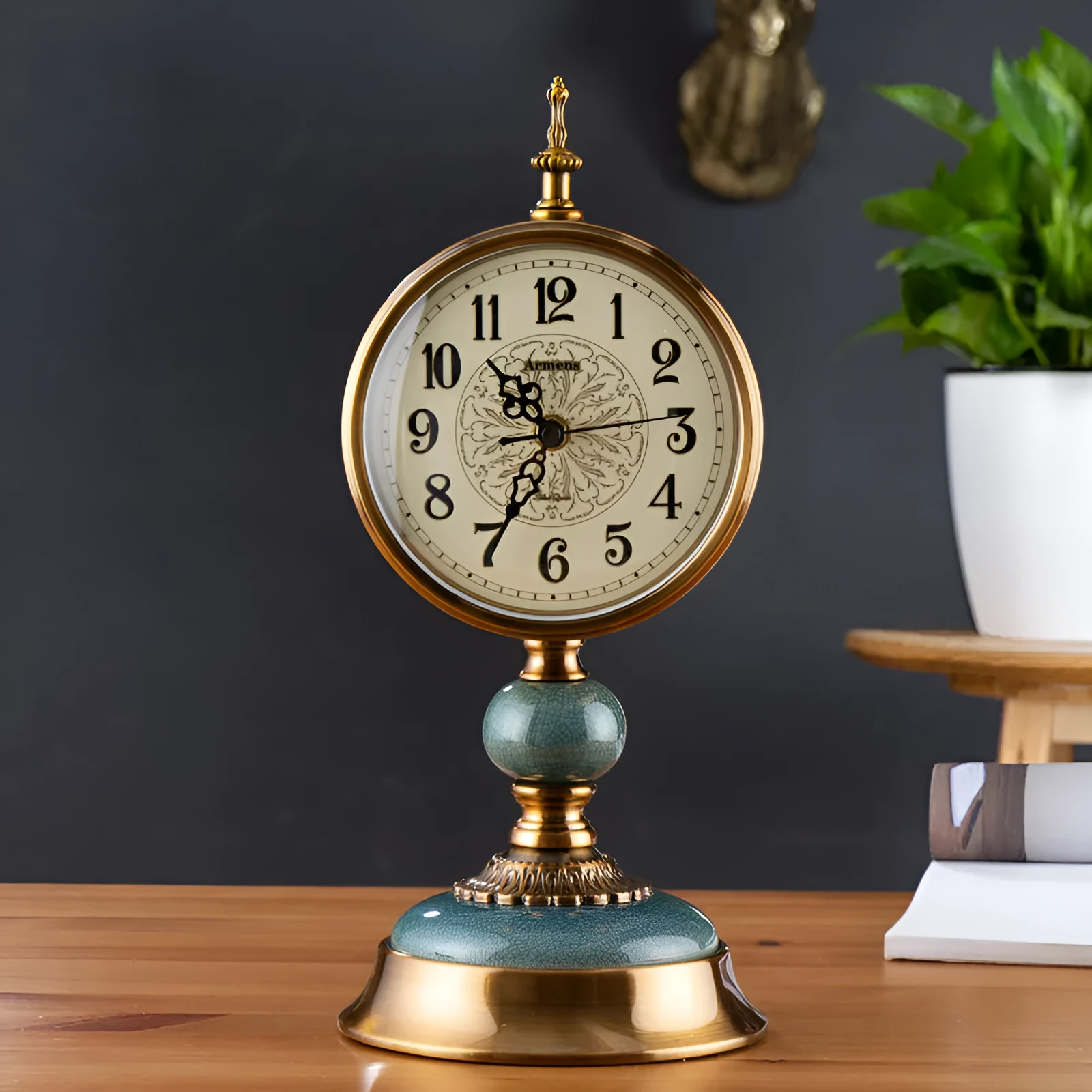 12 inch retro table clock with metal case and ceramic ice cracked finish on a wooden desk
