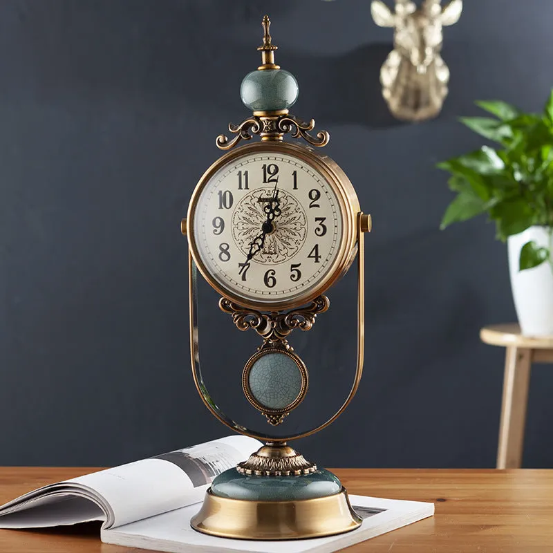 12 inch retro table clock with metal case and ceramic ice cracked finish on a wooden desk