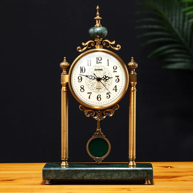 12 inch retro table clock with metal case and ceramic ice cracked finish on a wooden desk