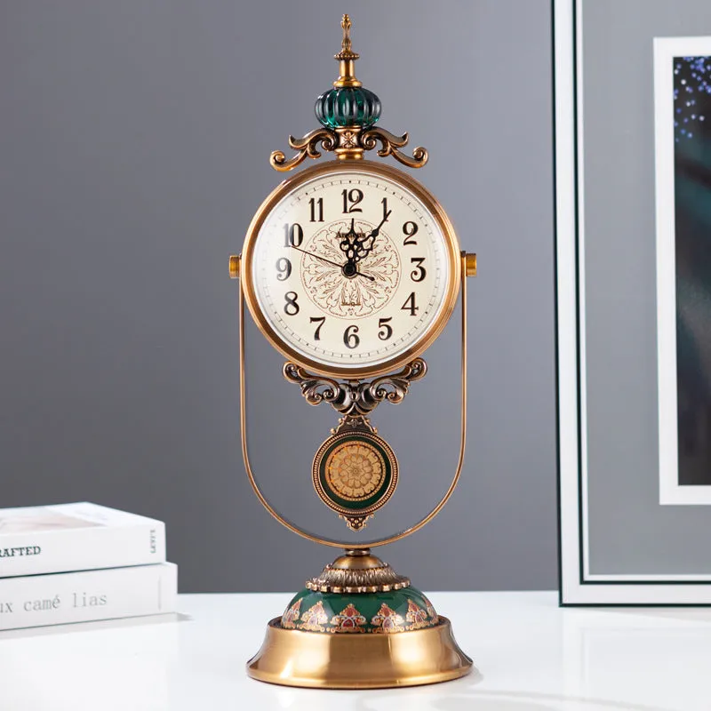 12 inch retro table clock with metal case and ceramic ice cracked finish on a wooden desk