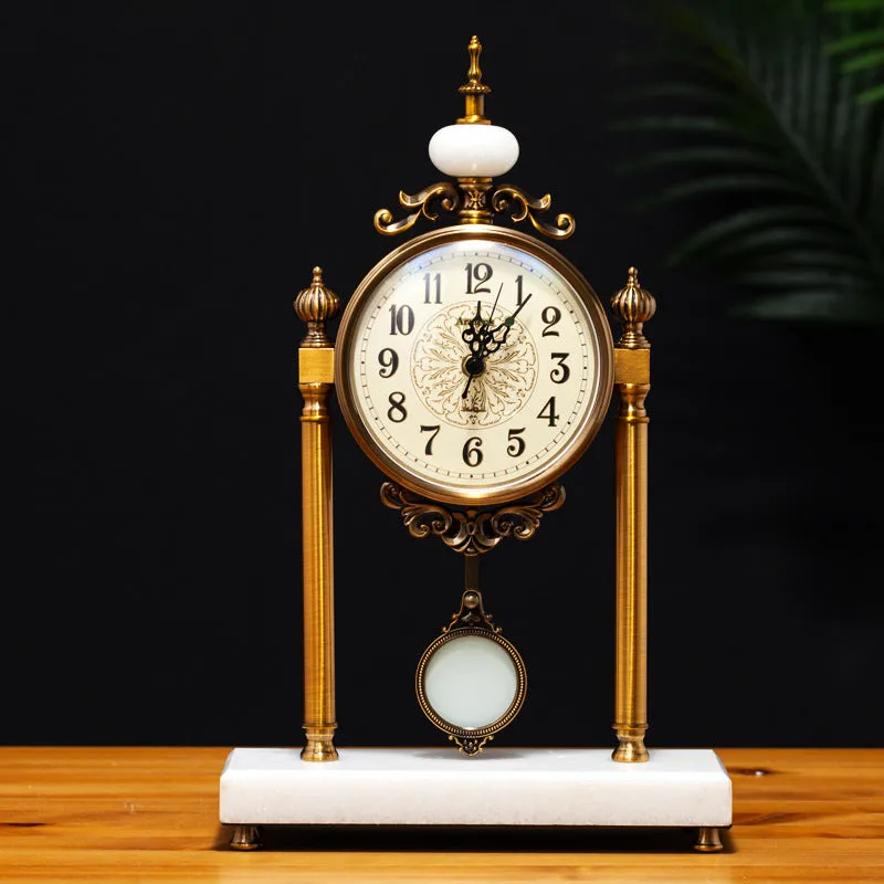 12 inch retro table clock with metal case and ceramic ice cracked finish on a wooden desk