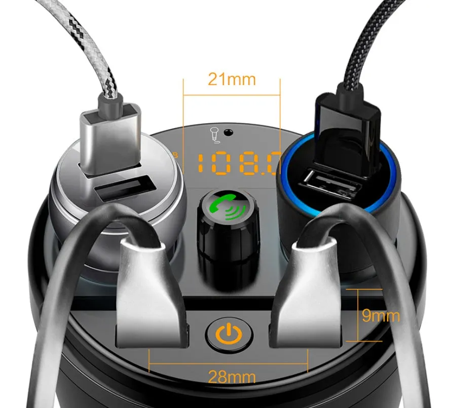 Black car cup Bluetooth MP3 player FM transmitter with dual USB ports and hands-free calling button