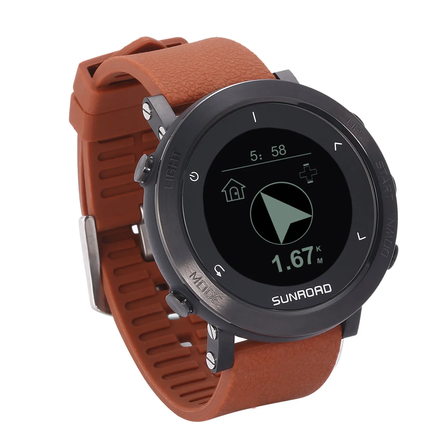 Black smart sports watch with digital display showing GPS tracking and heart rate data on a nylon strap.