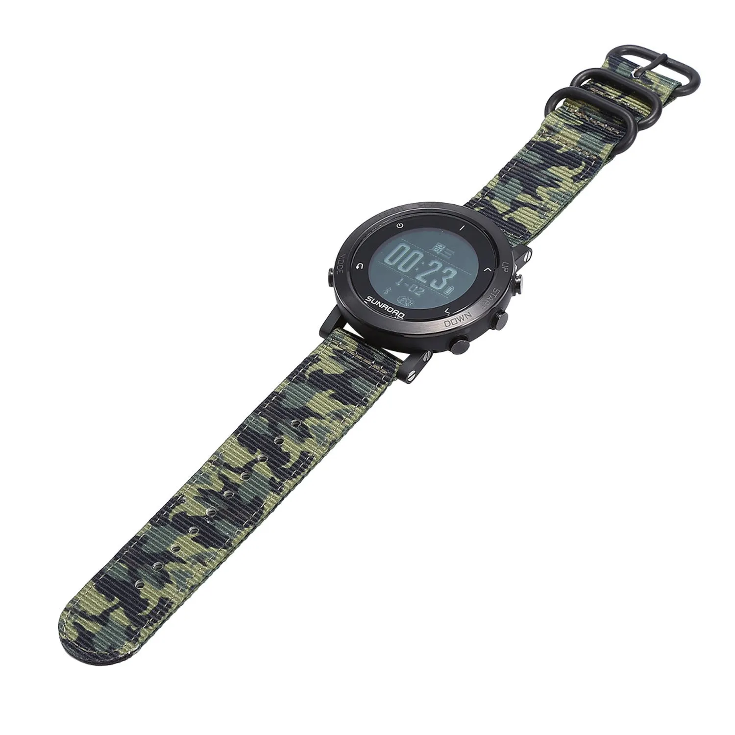 Black smart sports watch with digital display showing GPS tracking and heart rate data on a nylon strap.