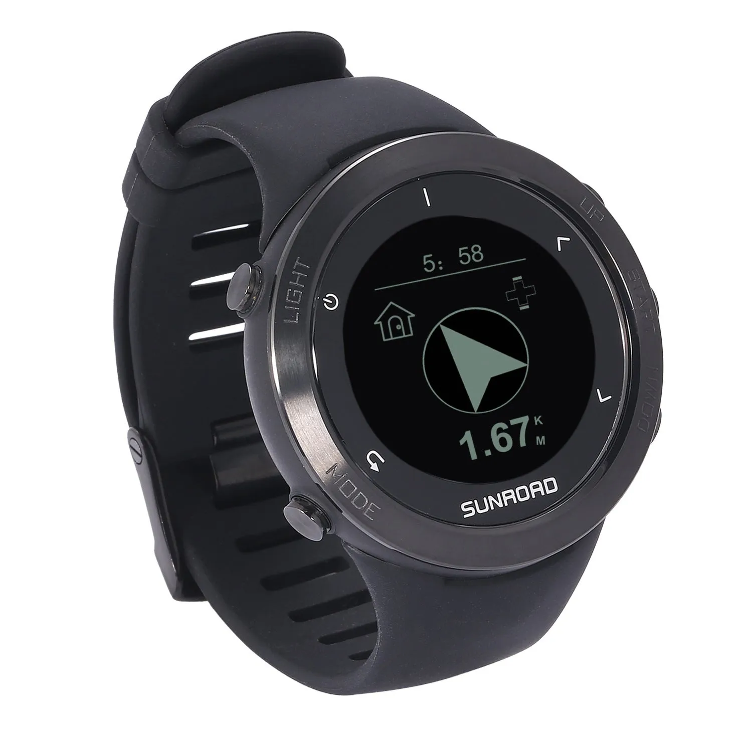 Black smart sports watch with digital display showing GPS tracking and heart rate data on a nylon strap.