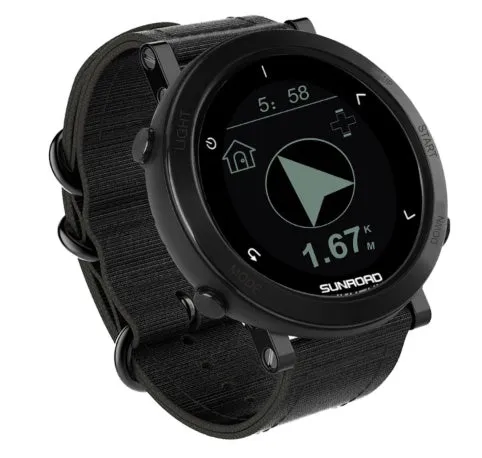 Black smart sports watch with digital display showing GPS tracking and heart rate data on a nylon strap.