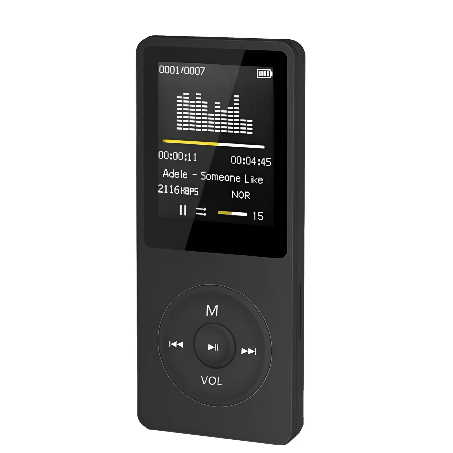 Portable black MP3 player with 1.8-inch TFT display showing AMV movie screen on a white background