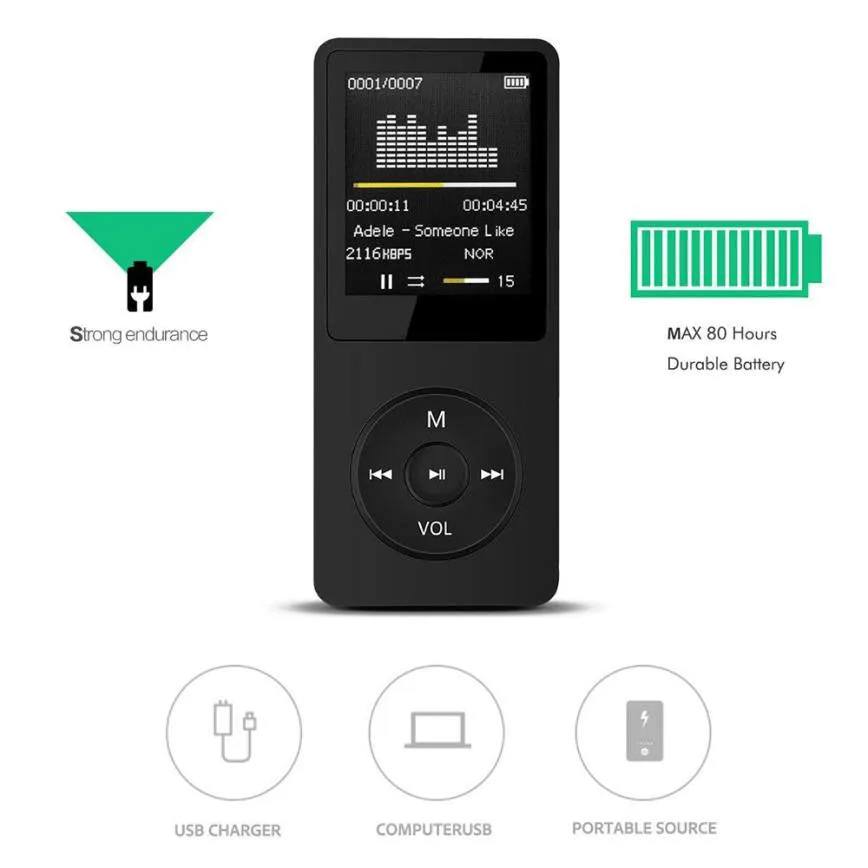Portable black MP3 player with 1.8-inch TFT display showing AMV movie screen on a white background