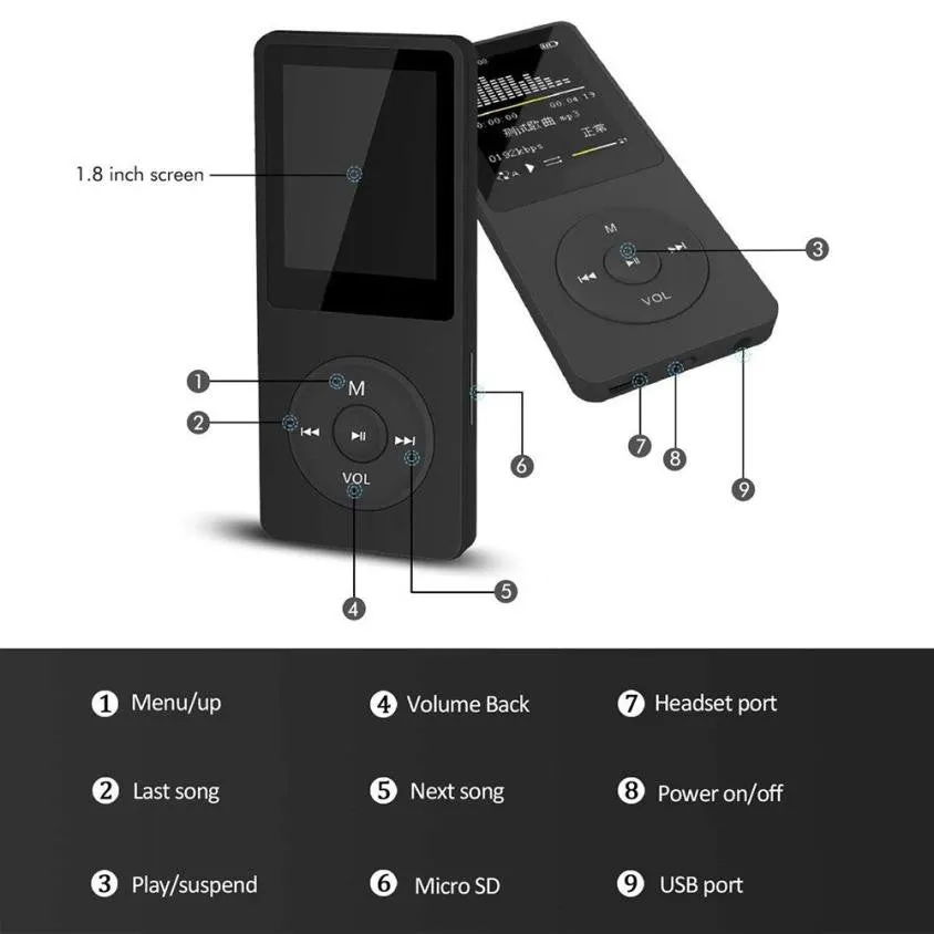 Portable black MP3 player with 1.8-inch TFT display showing AMV movie screen on a white background