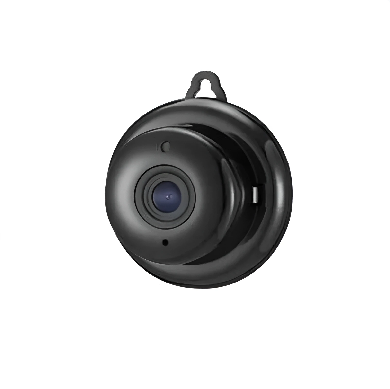 White plastic WiFi security camera with night vision, placed on a shelf, with optional 64GB storage and UK power adapter.