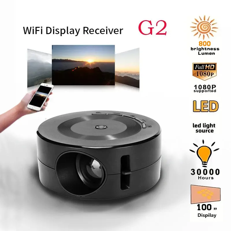 Black portable 1080p wired mobile projector with USB power cable on a surface