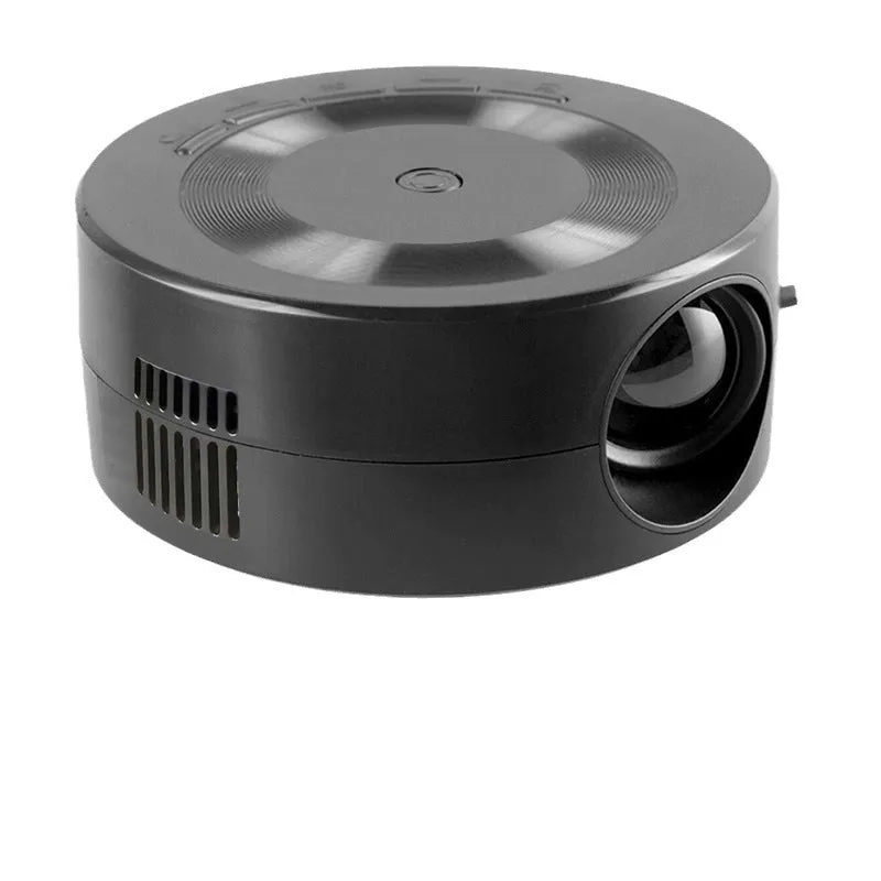 Black portable 1080p wired mobile projector with USB power cable on a surface