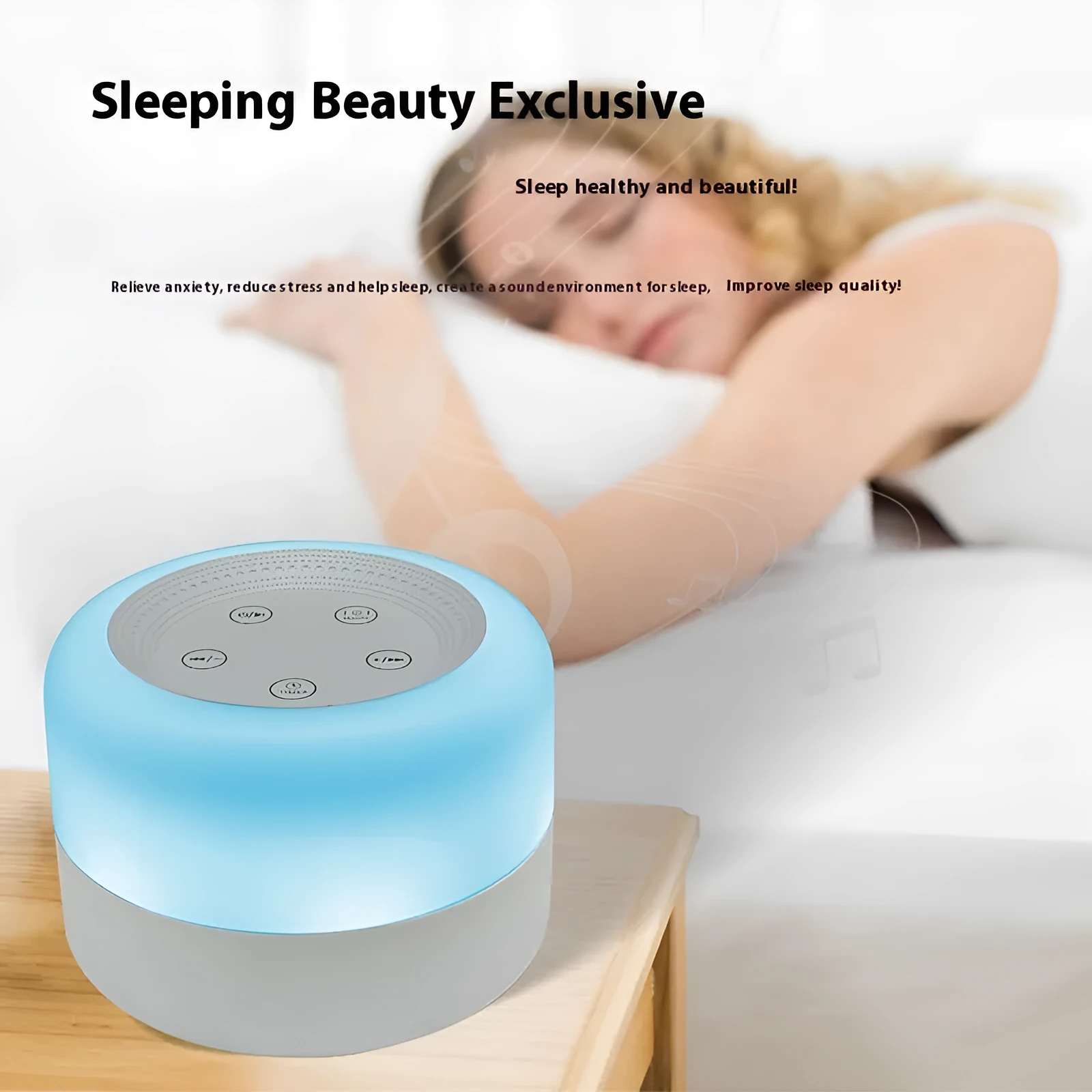 White rechargeable white noise sleeping aid table lamp with colourful lights on bedside table