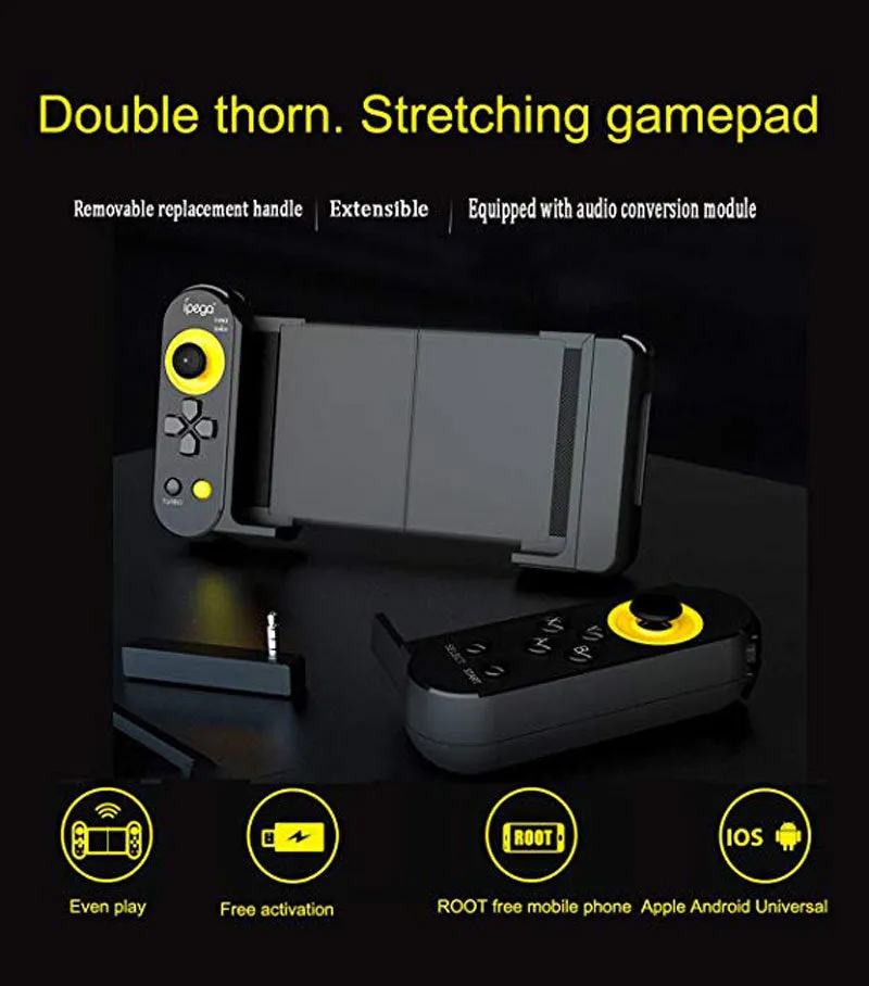 Ipega PG9167 wireless Bluetooth game controller in black ABS plastic with telescopic bracket extended, holding a smartphone for mobile gaming