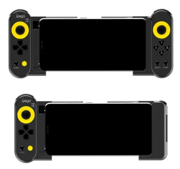 Ipega PG9167 wireless Bluetooth game controller in black ABS plastic with telescopic bracket extended, holding a smartphone for mobile gaming