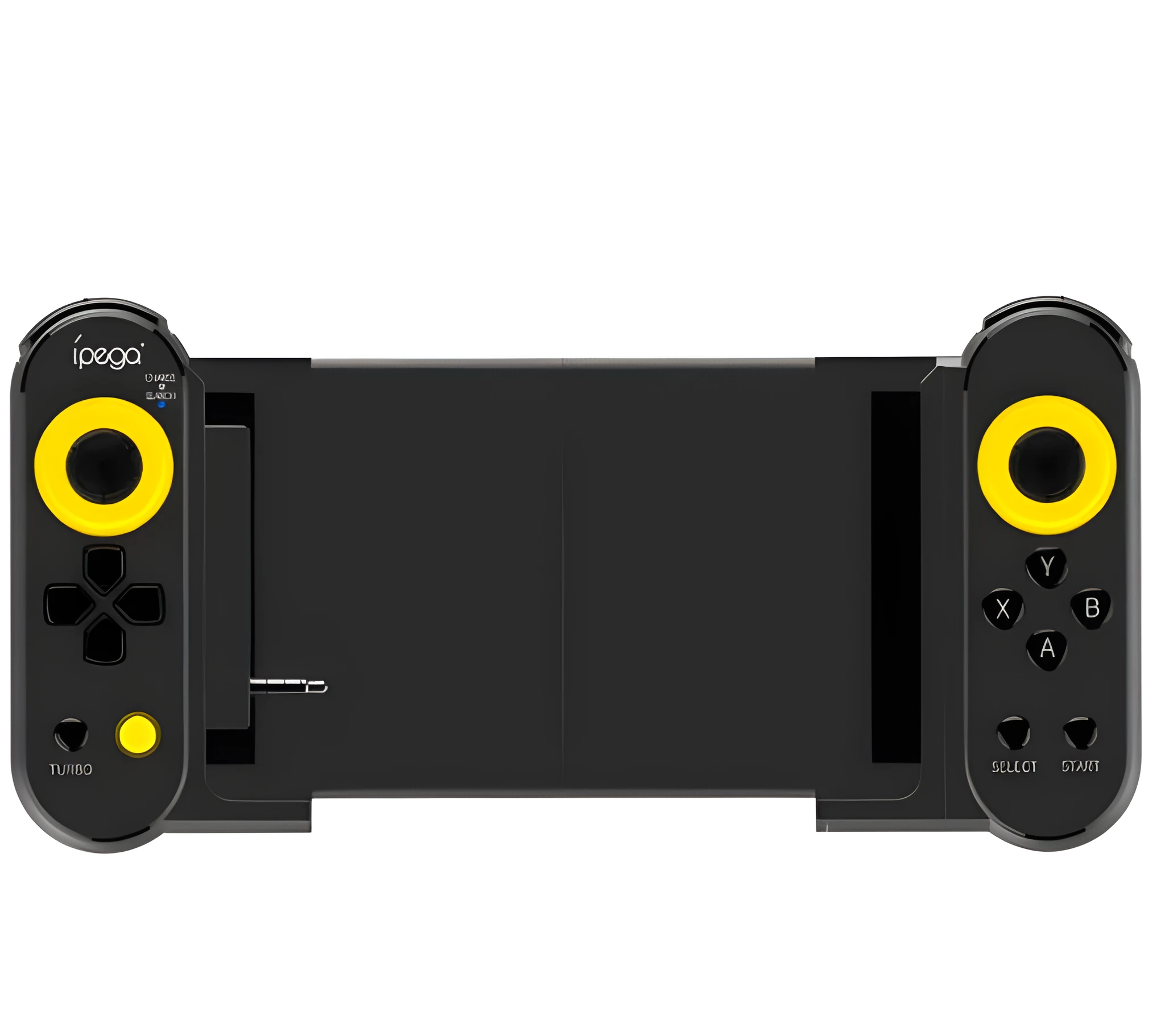 Ipega PG9167 wireless Bluetooth game controller in black ABS plastic with telescopic bracket extended, holding a smartphone for mobile gaming