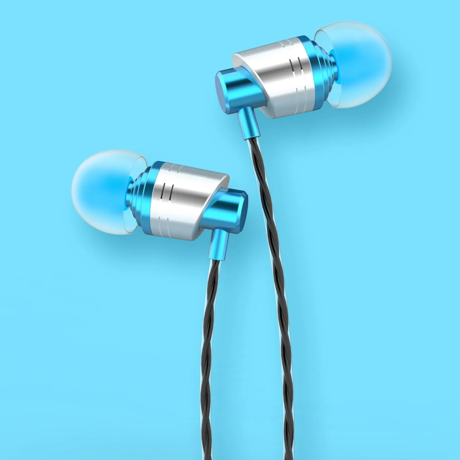Black in-ear wired headphones with microphone, showing 3.5mm plug and 1.2m TPE cable