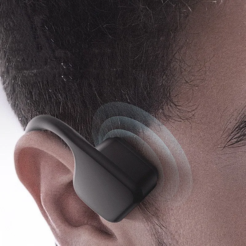 Black stereo waterproof wireless running headphones with hanging ear design