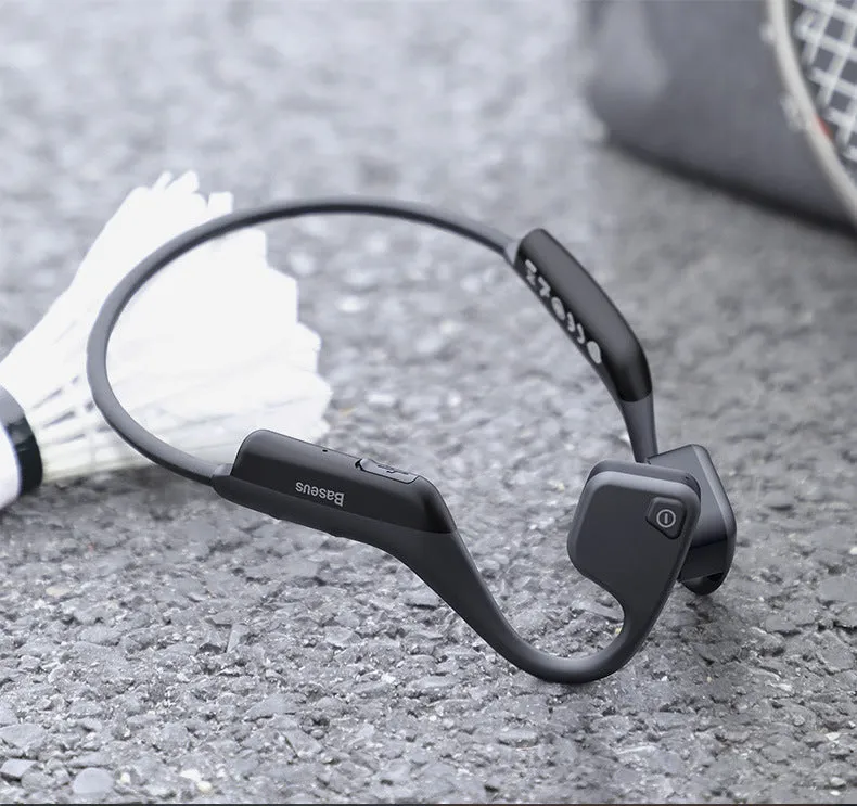 Black stereo waterproof wireless running headphones with hanging ear design