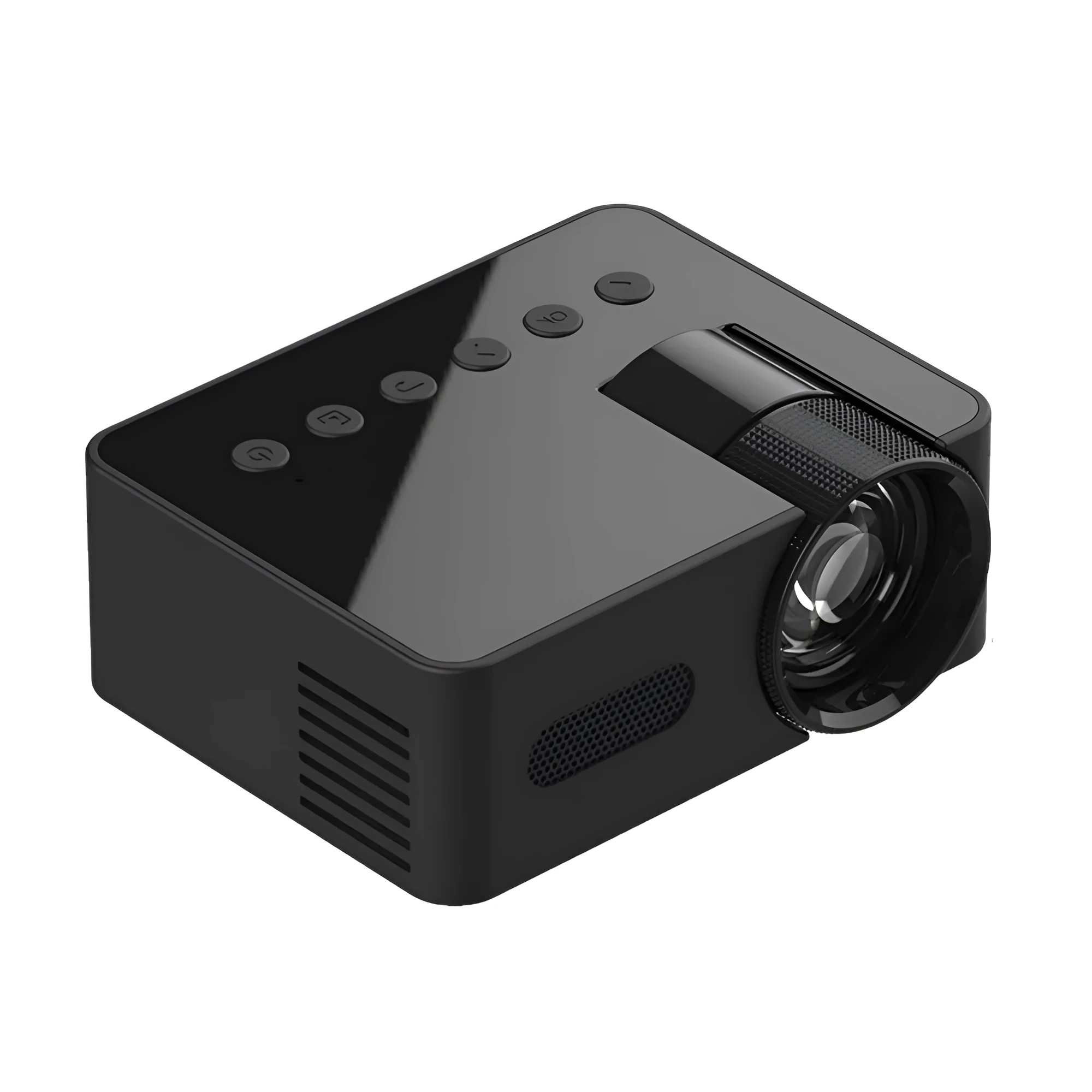 YT100 black mini portable projector on a desk with remote control and USB cable