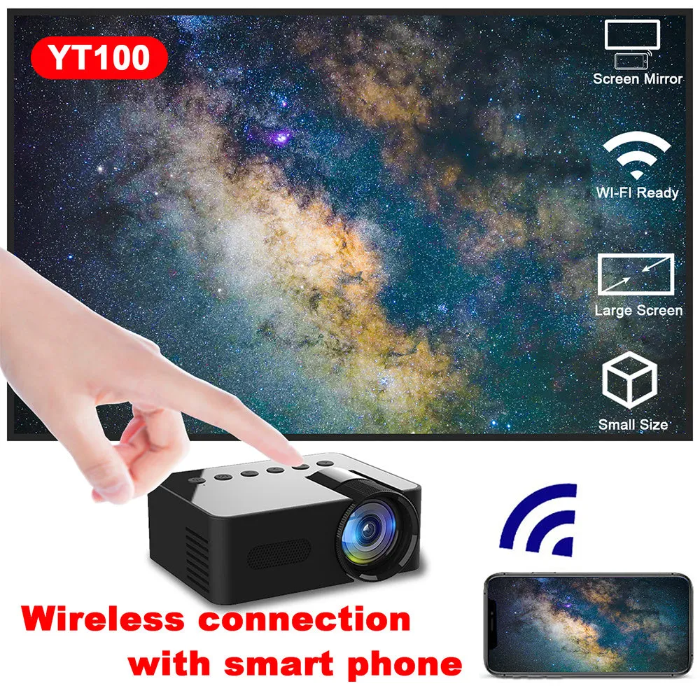 YT100 black mini portable projector on a desk with remote control and USB cable