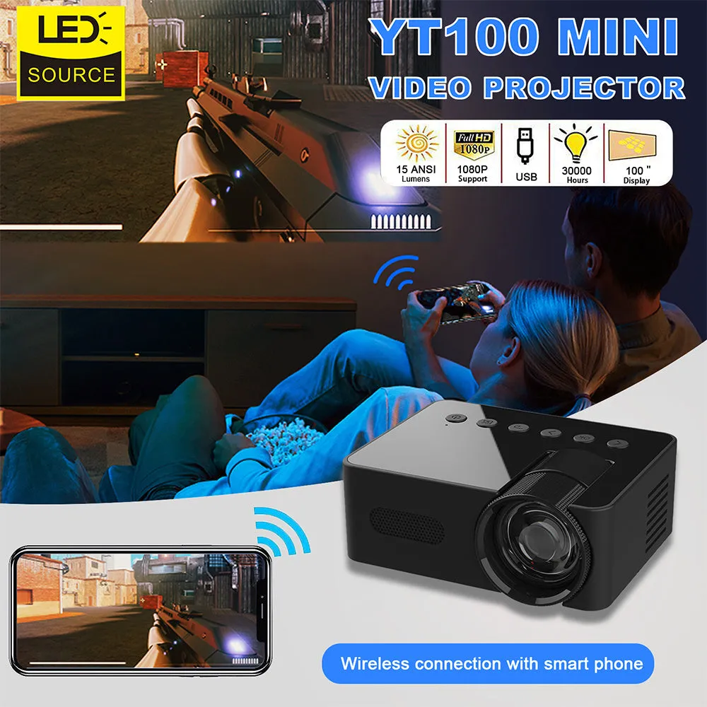 YT100 black mini portable projector on a desk with remote control and USB cable