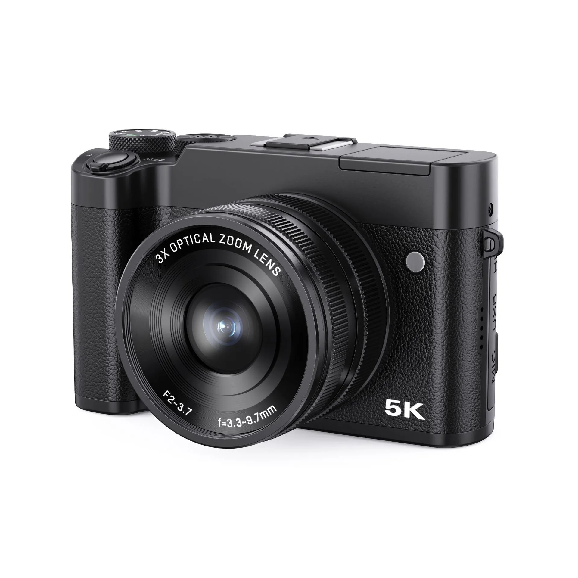 Selfie 5K HD Digital Optical Zoom Camera in black with telescopic lens and 3.2 inch screen
